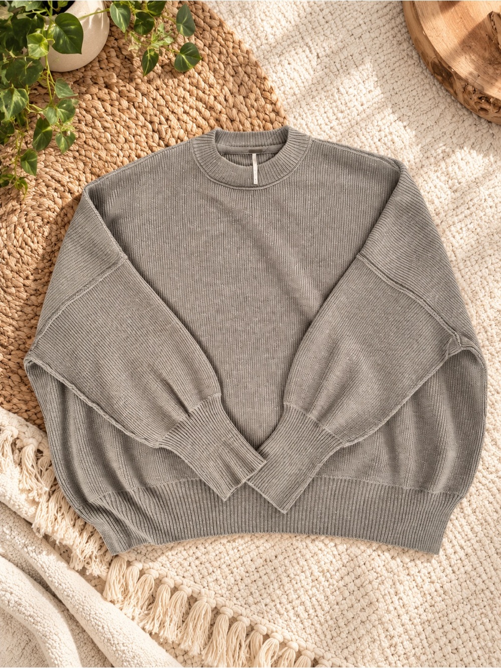 NWT Free People Gray Ribbed Crewneck Sweater